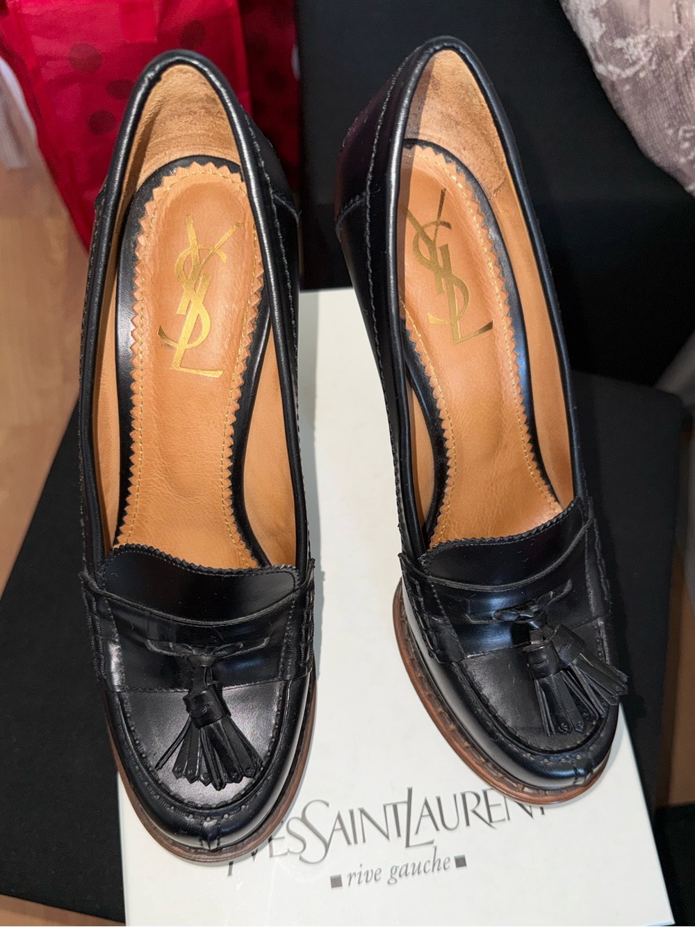 Yves Saint Laurent Black Leather Tassel Penny Loafers Vintage size 38 YSL